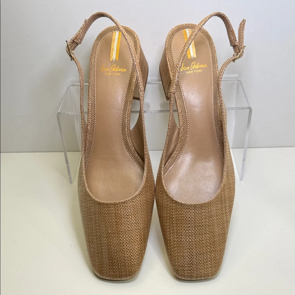 Sam Edelman Terra Tan Woven Slingback Block Heels - Picture 2 of 9